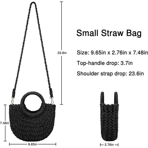 Women's Black Straw Beach Woven Cross Body Shoulder Top Handle Satchel Handbag - Picture 6 of 6